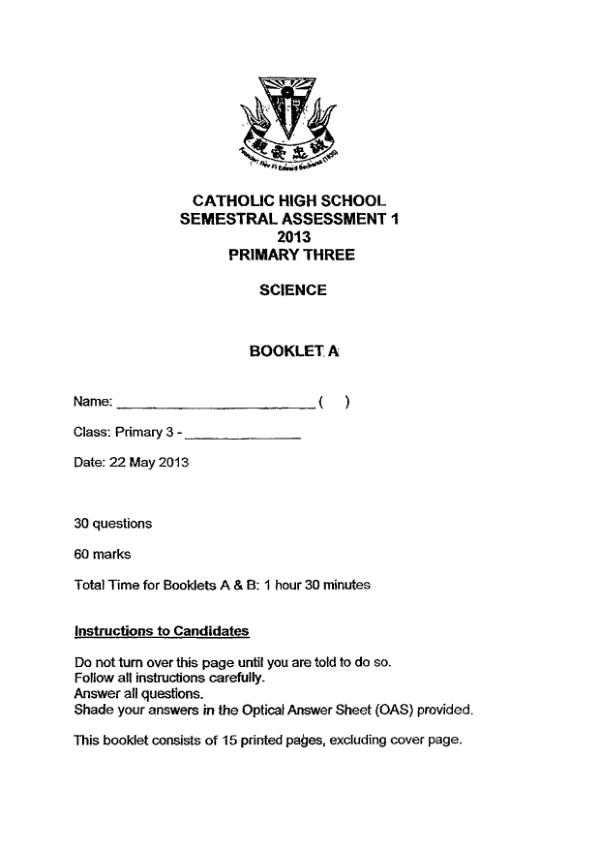 Catholic High P3 Sci WA2 2013 exam paper PDF preview