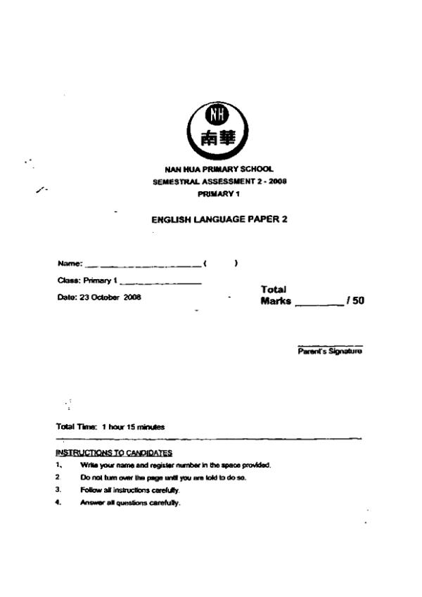 Nan Hua P1 Eng SA2 2008 exam paper PDF preview