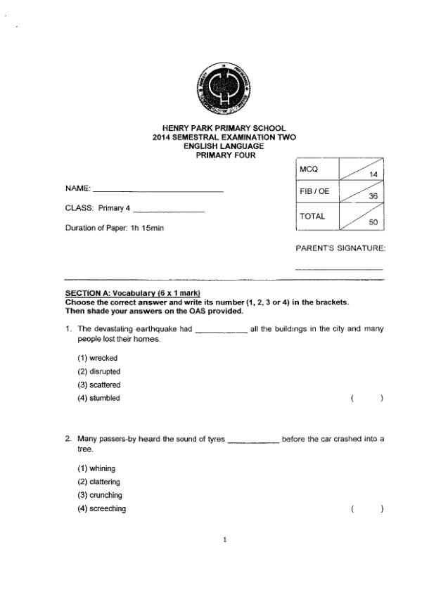 Henry Park P4 Eng SA2 2014 exam paper PDF first page preview