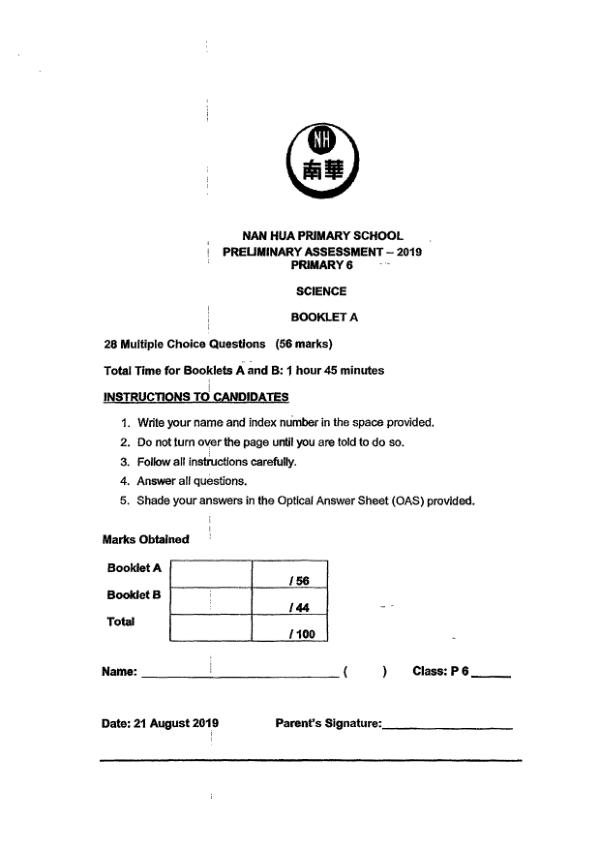 Nan Hua P6 Sci SA2 2019 exam paper PDF preview