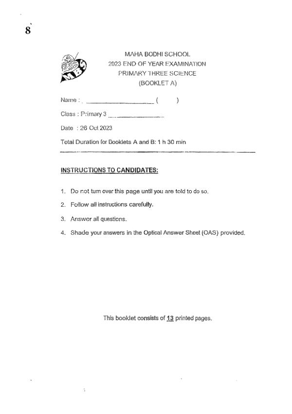 Maha Bodhi P3 Sci SA2 2023 exam paper PDF preview