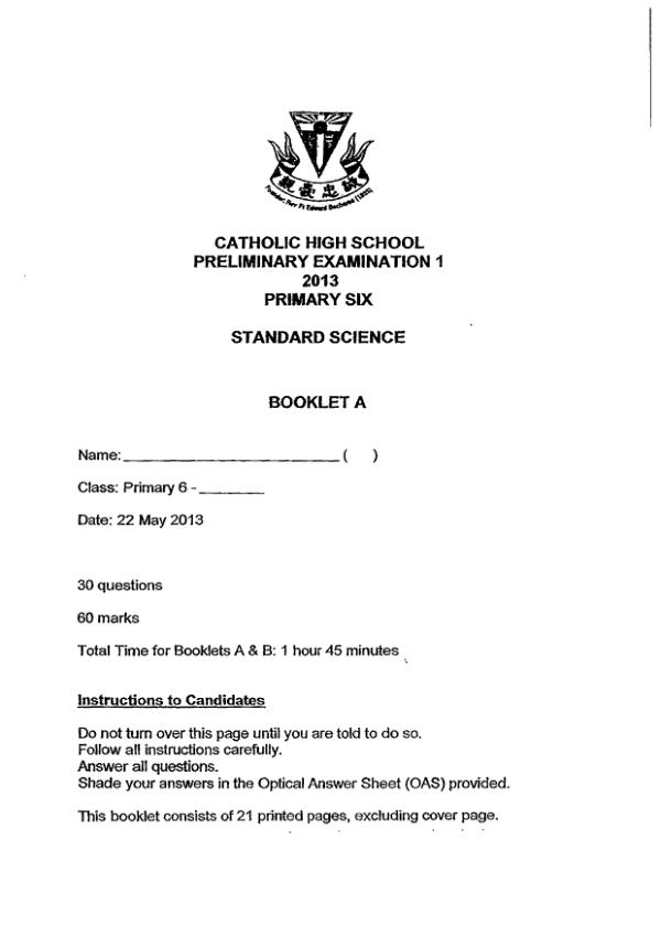 Catholic High P6 Sci SA2 2013 exam paper PDF preview
