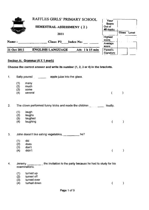 Raffles Girls P3 Eng SA2 2011 exam paper PDF preview