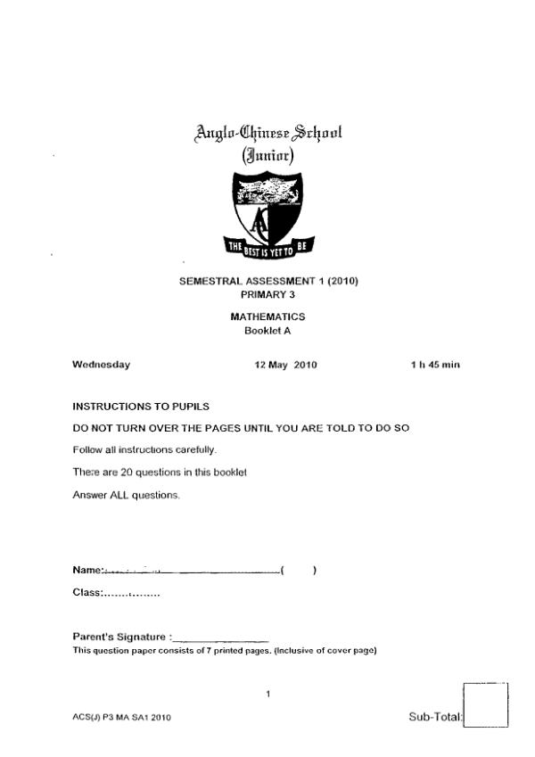 Anglo Chinese P3 Math WA2 2010 exam paper PDF first page preview