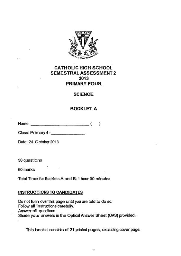 Catholic High P4 Sci SA2 2013 exam paper PDF preview