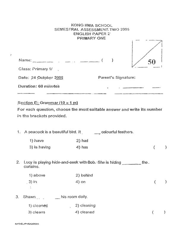 Kong Hwa P1 Eng SA2 2005 exam paper PDF preview