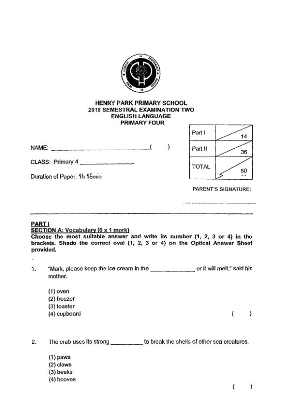 Henry Park P4 Eng SA2 2018 exam paper PDF first page preview