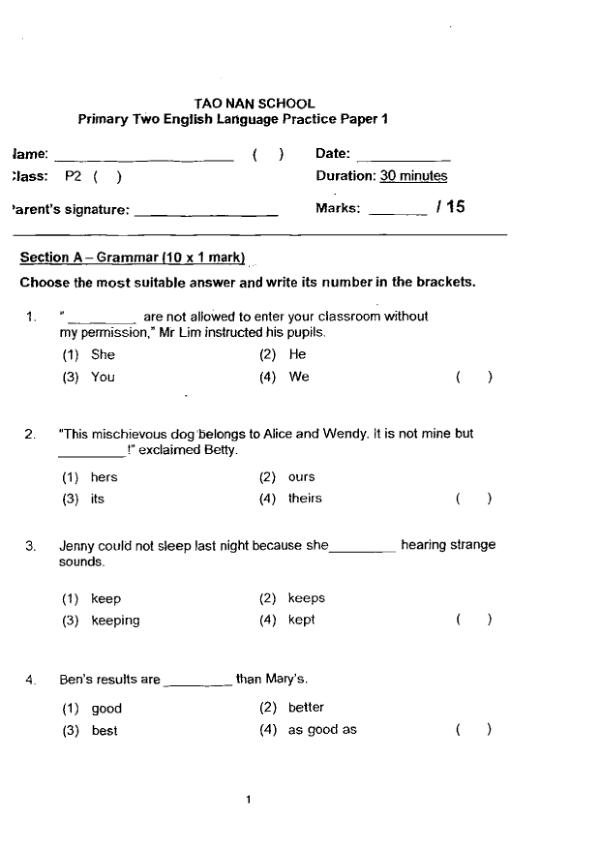 Tao Nan P2 Eng SA2 2016 exam paper PDF first page preview