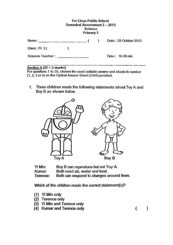 Pei Chun P3 Sci SA2 2013 exam paper PDF preview