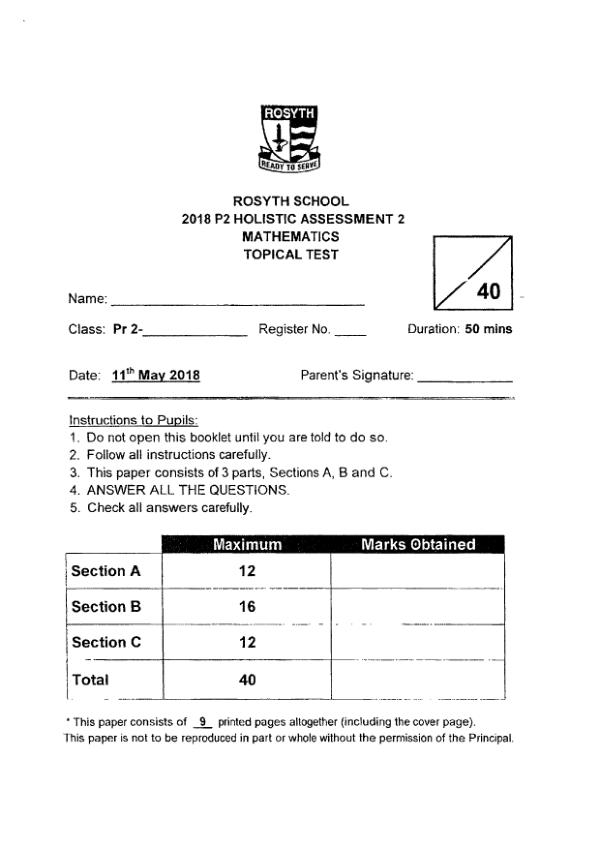First page preview of P2 Math 2018 WA2 — Rosyth