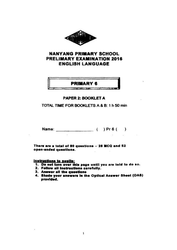 Nanyang P6 Eng SA2 2016 exam paper PDF first page preview