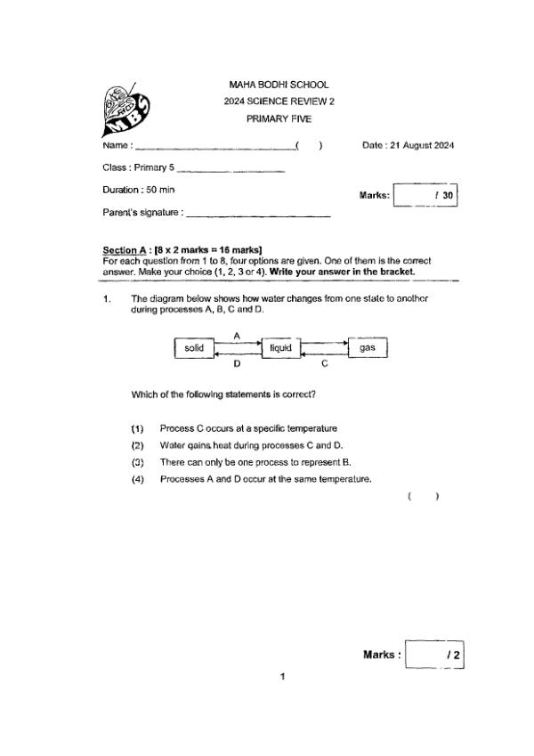 First page preview of P5 Sci 2024 WA2 — Maha Bodhi
