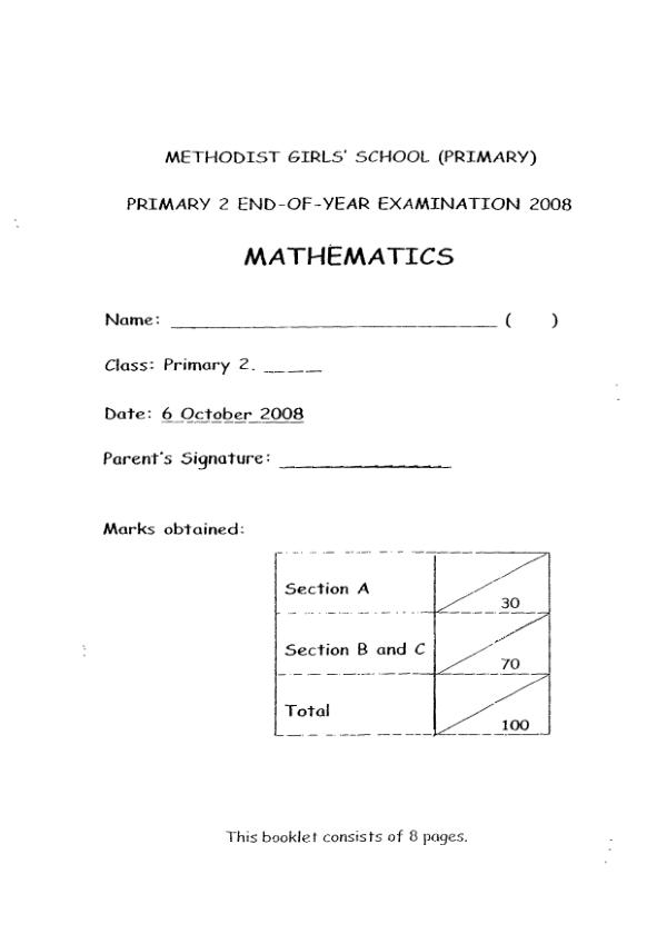 Methodist Girls P2 Math SA2 2008 exam paper PDF preview