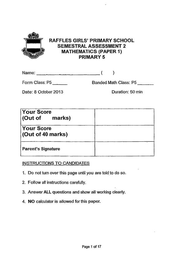 Raffles Girls P5 Math SA2 2013 exam paper PDF first page preview