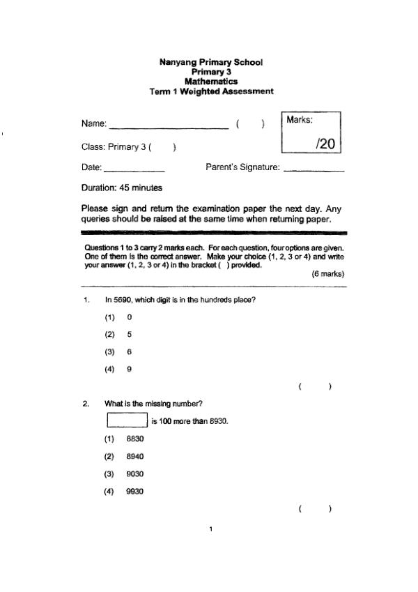 First page preview of P3 Math 2022 WA1 — Nanyang