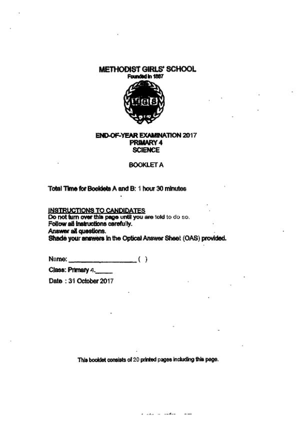 Methodist Girls P4 Sci SA2 2017 exam paper PDF first page preview