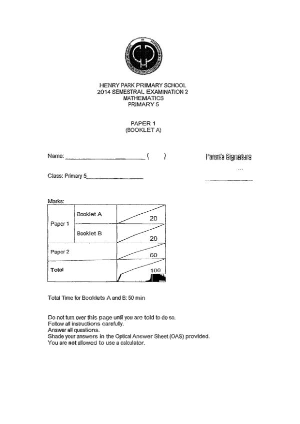 Henry Park P5 Math SA2 2014 exam paper PDF preview