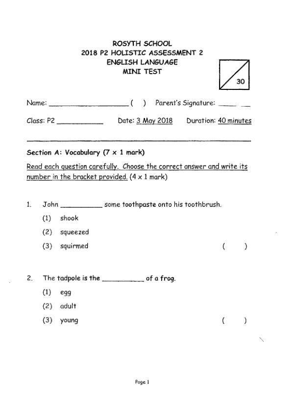 Rosyth P2 Eng WA2 2018 exam paper PDF preview