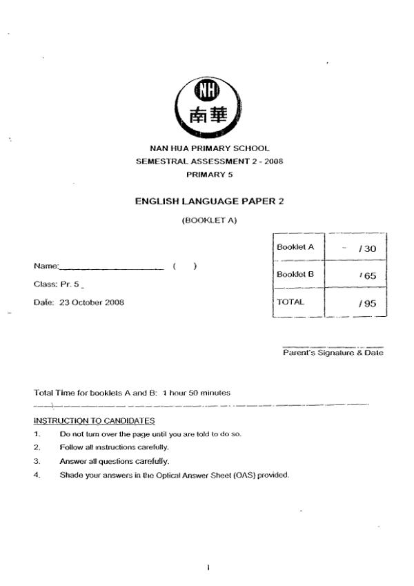 Nan Hua P5 Eng SA2 2008 exam paper PDF preview