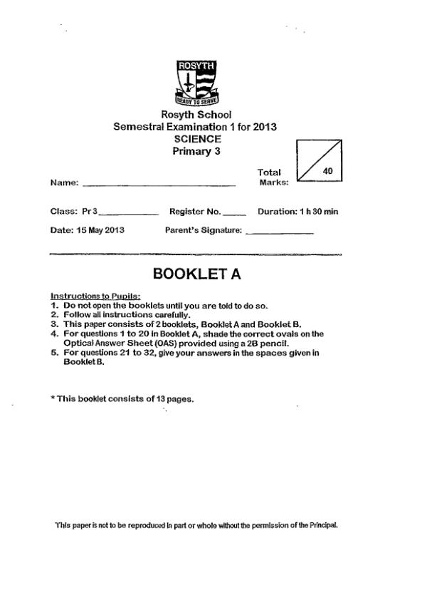 Rosyth P3 Sci WA2 2013 exam paper PDF preview