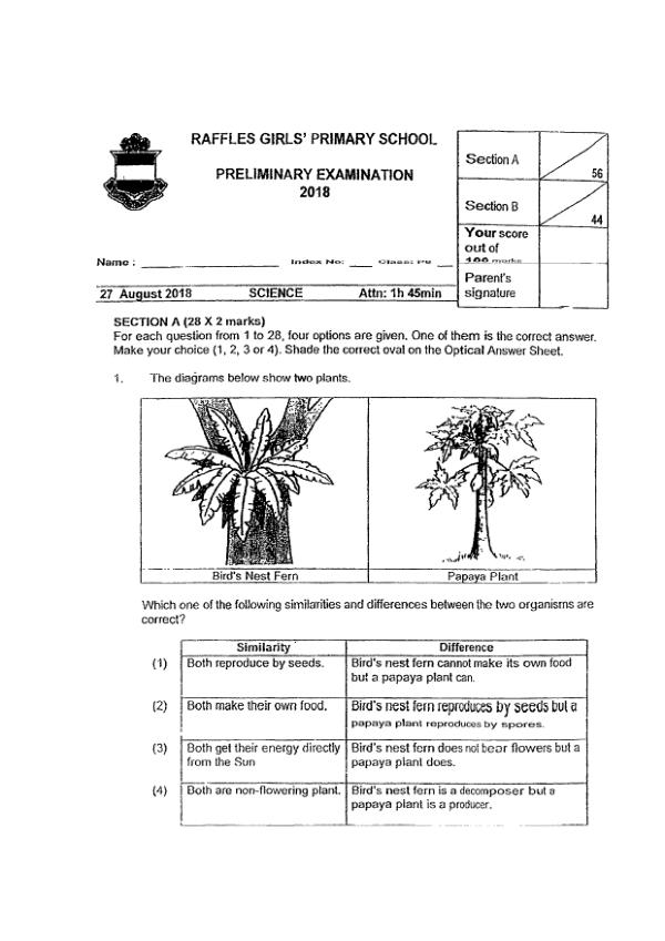 Raffles Girls P6 Sci SA2 2018 exam paper PDF first page preview