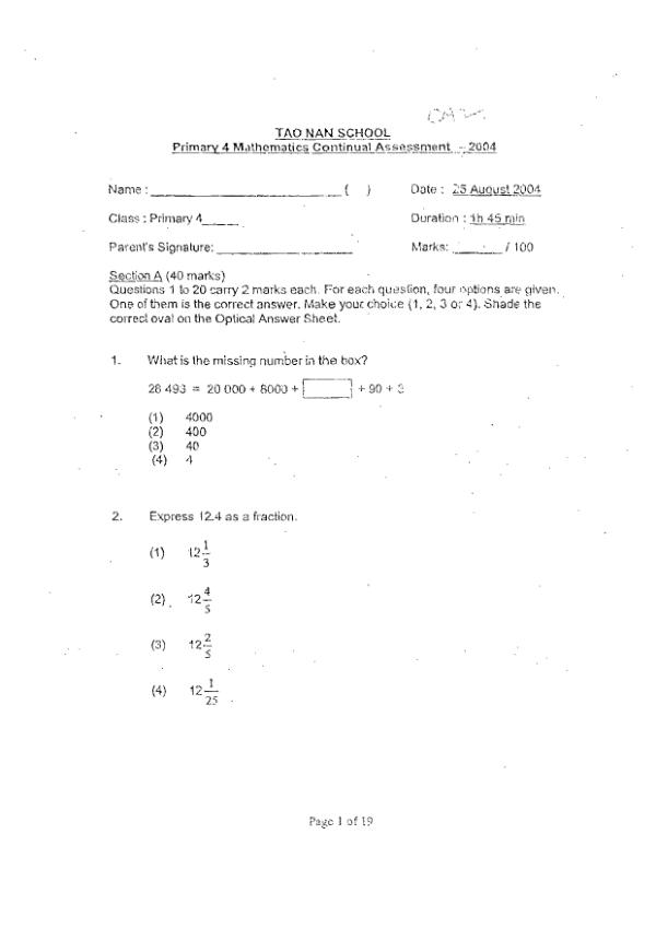 Tao Nan P4 Math WA3 2004 exam paper PDF preview