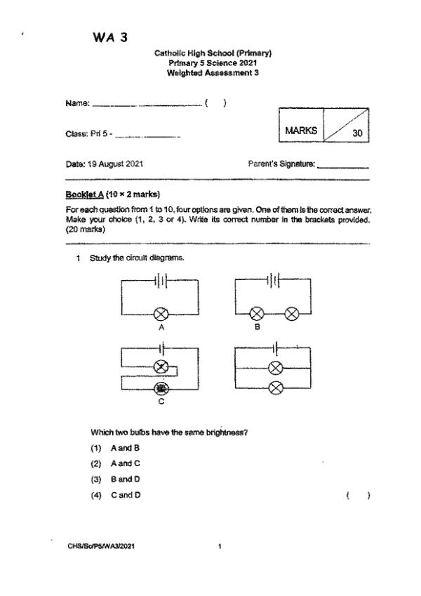 Catholic High P5 Sci WA3 2021 exam paper PDF first page preview