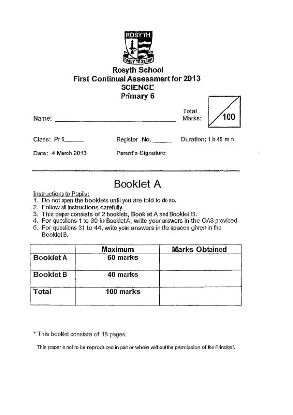 Rosyth P6 Sci WA1 2013 exam paper PDF preview
