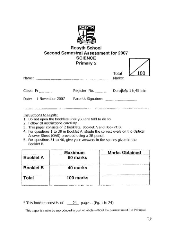 Rosyth P5 Sci SA2 2007 exam paper PDF preview
