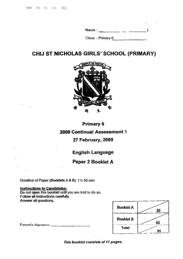 CHIJ P6 Eng WA1 2009 exam paper PDF preview