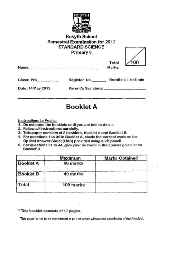 Rosyth P6 Sci WA2 2012 exam paper PDF preview