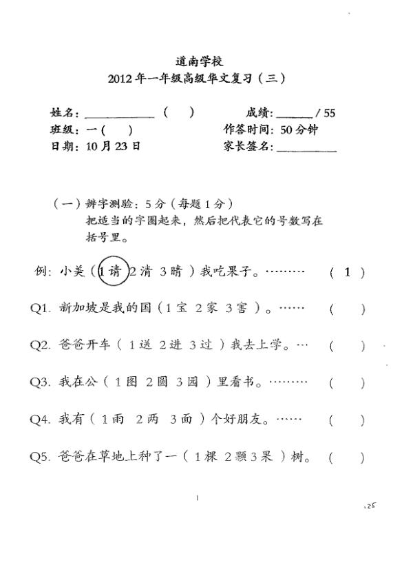 Tao Nan P1 Chi SA2 2012 exam paper PDF preview