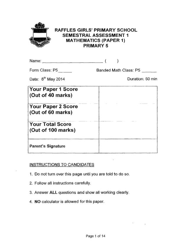Raffles Girls P5 Math WA2 2014 exam paper PDF preview