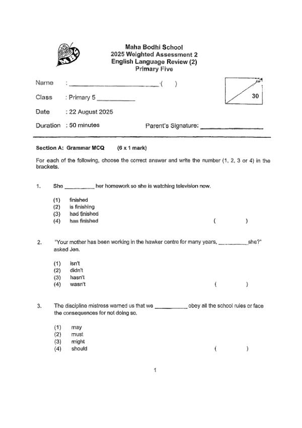 First page preview of P5 Eng 2025 WA2 — Maha Bodhi