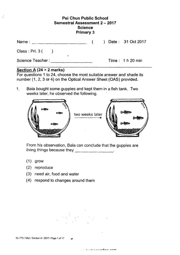 Pei Chun P3 Sci SA2 2017 exam paper PDF first page preview