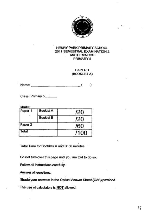 Henry Park P5 Math SA2 2011 exam paper PDF preview