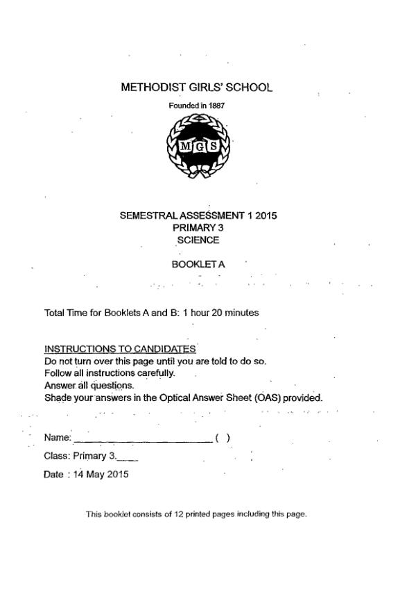 Methodist Girls P3 Sci WA2 2015 exam paper PDF first page preview