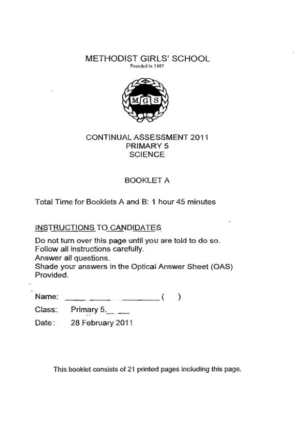 Methodist Girls P5 Sci WA1 2011 exam paper PDF preview
