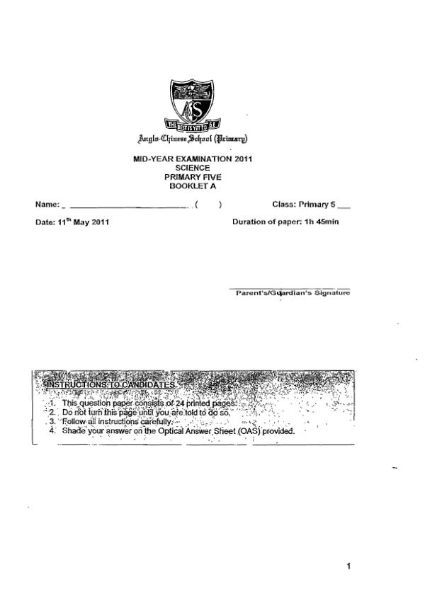 Anglo Chinese P5 Sci WA2 2011 exam paper PDF first page preview