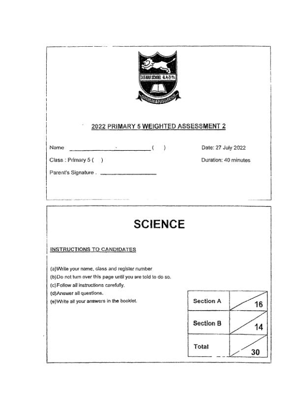 Tao Nan P5 Sci WA3 2022 exam paper PDF preview