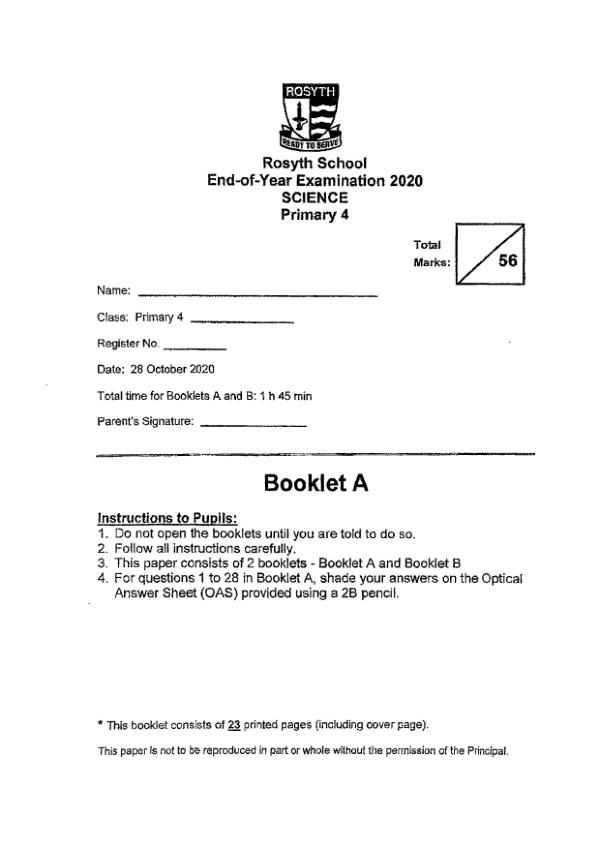Rosyth P4 Sci SA2 2020 exam paper PDF preview