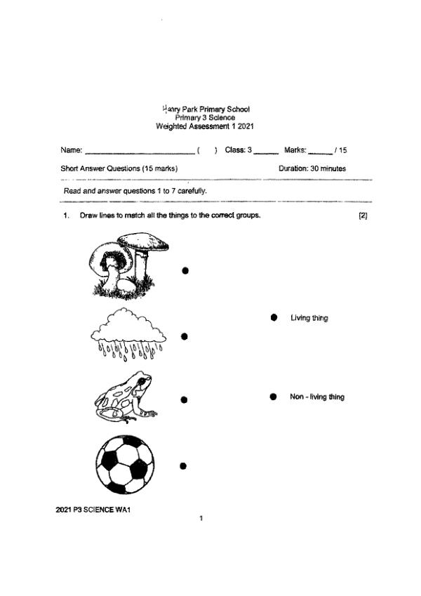Henry Park P3 Sci WA1 2021 exam paper PDF preview