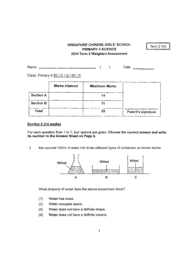 First page preview of P4 Sci 2024 WA2 — Anglo Chinese