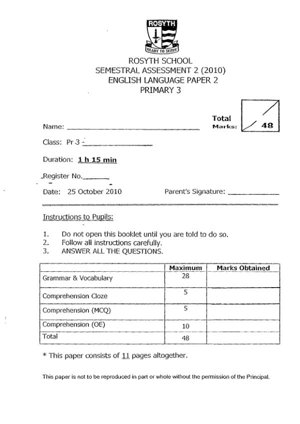 Rosyth P3 Eng SA2 2010 exam paper PDF preview