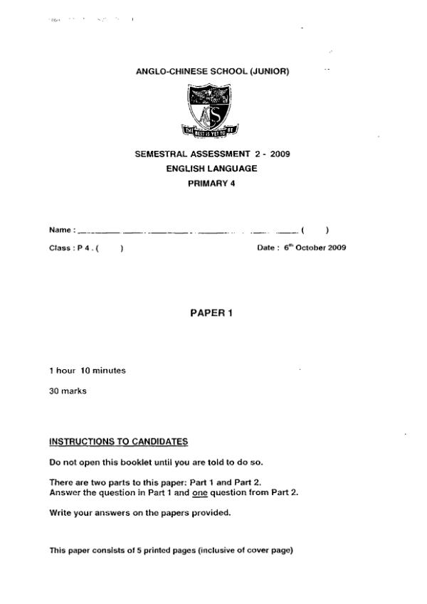 Anglo Chinese P4 Eng SA2 2009 exam paper PDF preview