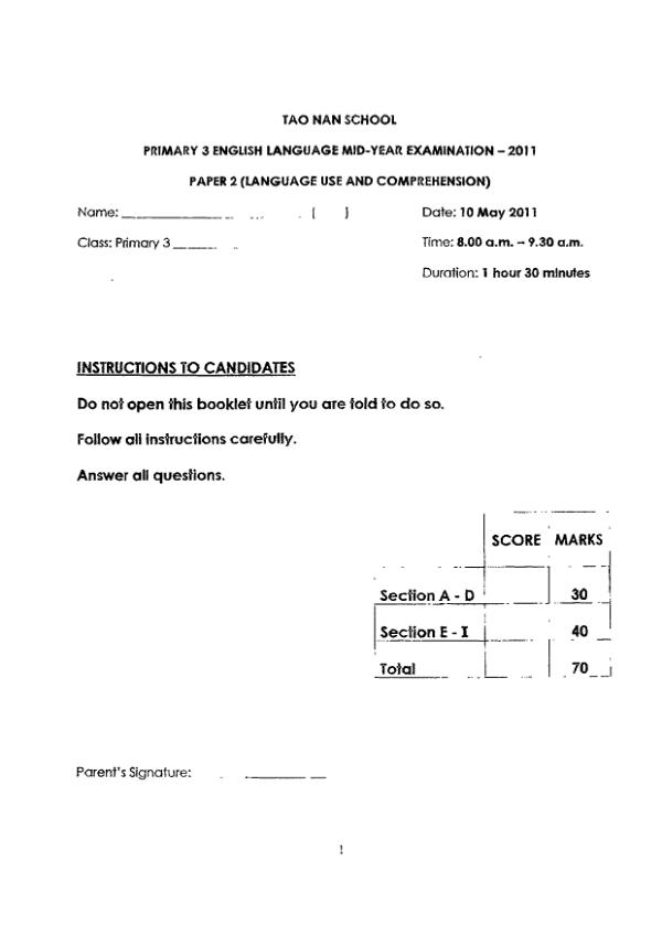 Tao Nan P3 Eng WA2 2011 exam paper PDF first page preview