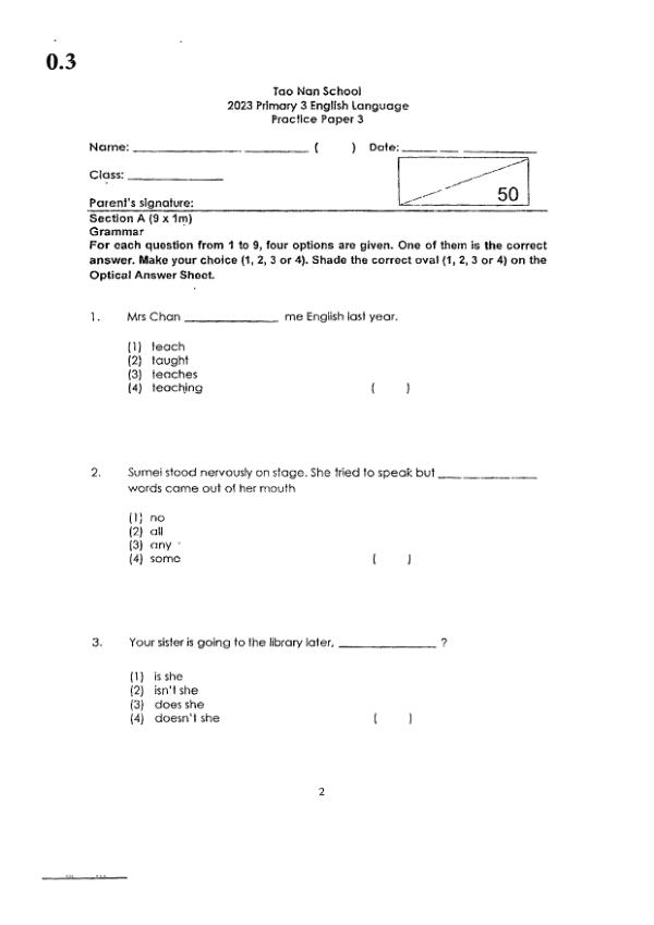 Tao Nan P3 Eng WA1 2023 exam paper PDF preview