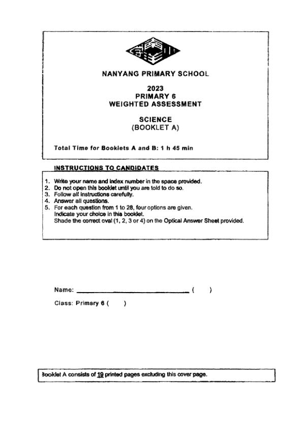 First page preview of P6 Sci 2023 WA1 — Nanyang
