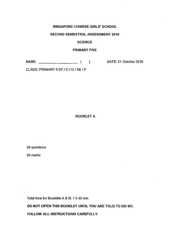 Singapore Chinese Girls P5 Sci SA2 2019 exam paper PDF preview