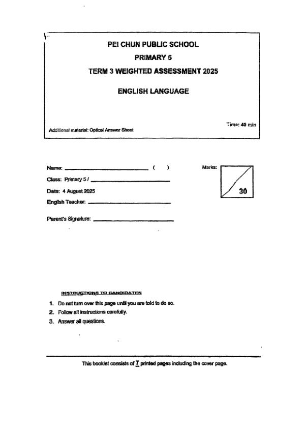 First page preview of P5 Eng 2025 WA3 — Pei Chun